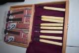 BOX OF SMALL CARVING TOOLS AND ASSORTED SCROLL SAW BLADES