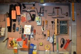 TOOL BOARD: IRWIN AUGER BITS, ANTIQUE MANUAL DRILL,