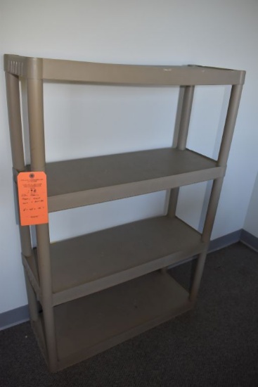 GRAY HEAVY PLASTIC SHELVING UNIT WITH FOUR SHELVES,