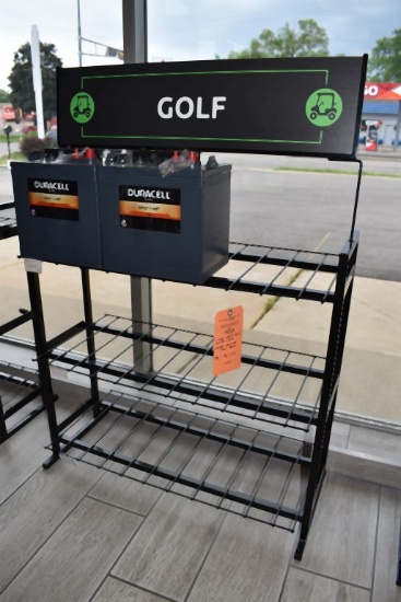 THREE SHELF BLACK METAL BATTERY DISPLAY STAND WITH