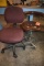 SWIVEL STOOL, MISSING WHEELS AND BURGANDY OFFICE CHAIR
