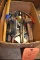 BOX OF ASSORTED MEASURING TOOLS, COMPASSES,