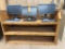 BROWN WOODGRAIN SHELVING UNIT WITH THREE SHELVES,