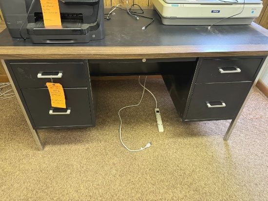 METAL DESK WITH FIVE DRAWERS, FORMICA TOP, 34" x 67"
