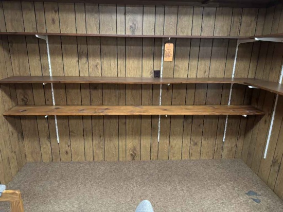 (3) WALL MOUNTED FINISHED SOLID PINE SHELVES W/BRACKETS,