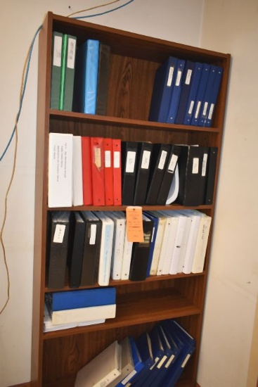 BROWN WOOD SHELVING UNIT WITH FIVE SHELVES,