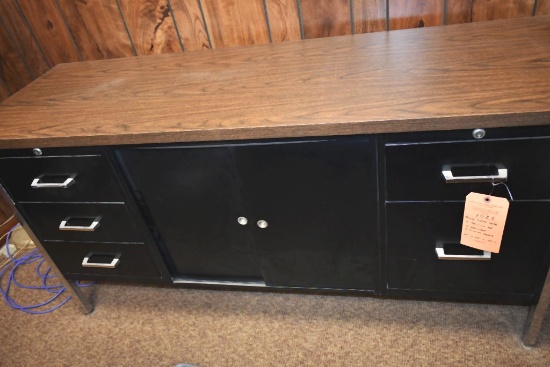 BLACK METAL DESK WITH FORMICA TOP, FIVE DRAWERS,