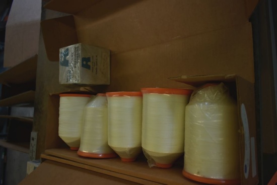 BOX WITH (5) SPOOLS OF WHITE BONDED NYLON THREAD AND