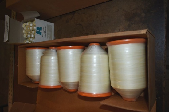 BOX WITH (5) SPOOLS OF WHITE BONDED NYLON THREAD AND