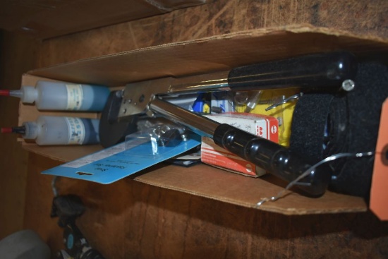 BIN WITH HAND PUNCH, FASTENERS AND MISC.