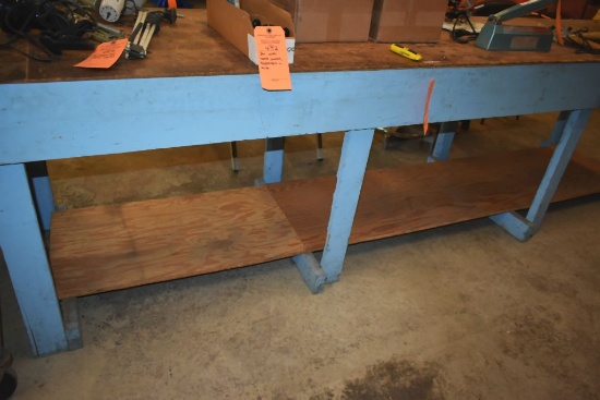 WOODEN TWO TIER WORKBENCH, NO CONTENTS, 122"L x 29"D X 33"H