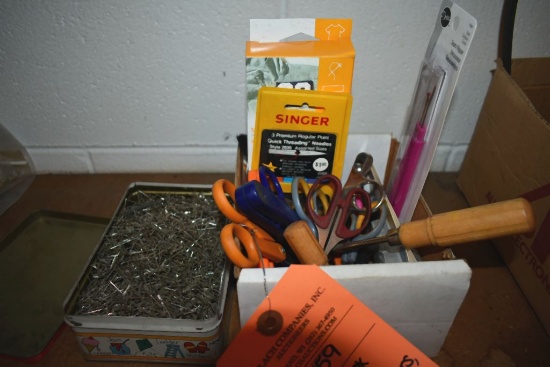 SMALL BOX OF SEWING ITEMS; SCISSORS, NEEDLES,
