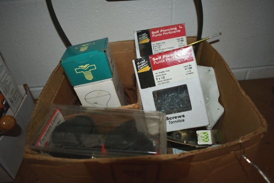 BOX WITH MISC; CASTERS, BULBS, BELTS AND HARDWARE