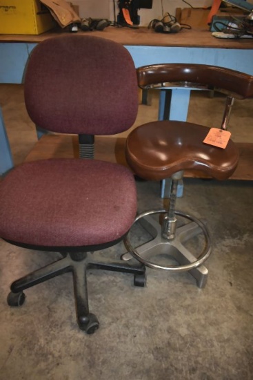 SWIVEL STOOL, MISSING WHEELS AND BURGANDY OFFICE CHAIR