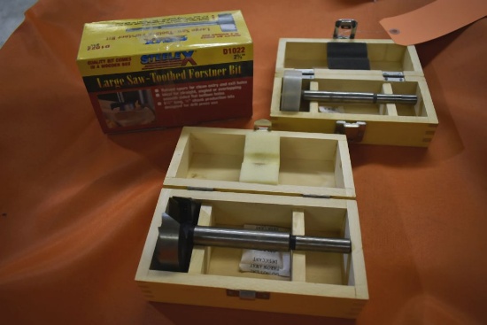 (3) FORSTNER BITS IN WOOD CASES; 2 5/16", 2 5/8" AND