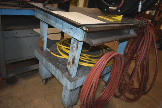 HEAVY DUTY WOOD WORKBENCH ON CASTERS, METAL TOP,