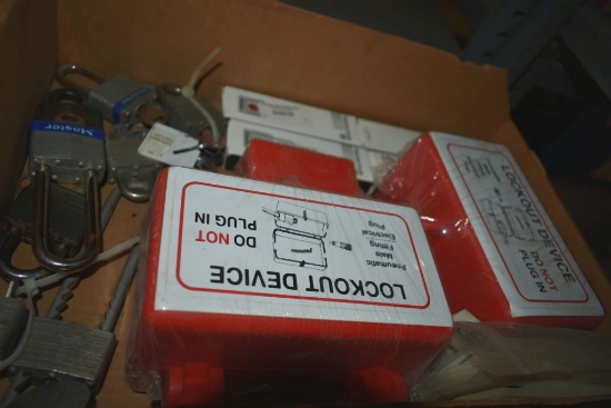 BOX OF ASSORTED PADLOCKS, LOCK-OUT BOXES AND