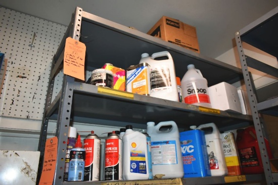 CONTENTS OF TOP 3 SHELVES; LEAK DETECTOR, GREASE,