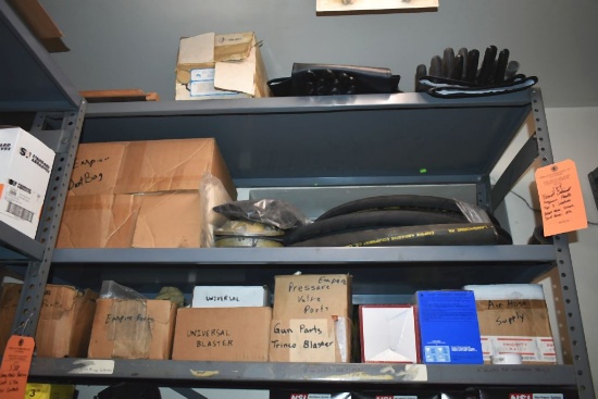 BLAST CABINET REPAIR PARTS ON TOP 3 SHELVES;