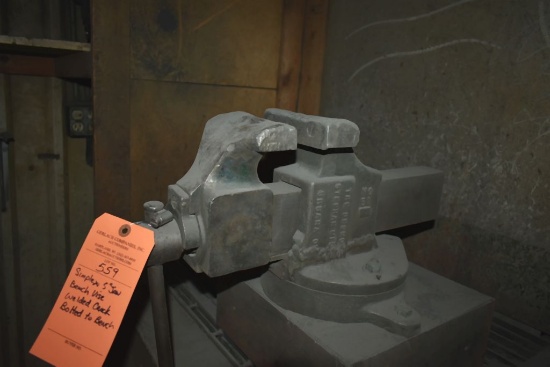 SIMPLEX 5" JAW BENCH VISE, WELDED CRACK, BOLTED TO BENCH