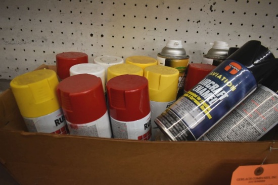 BOX WITH ASSORTED ITEMS; RUST-O-LEUM SPRAY PAINT,