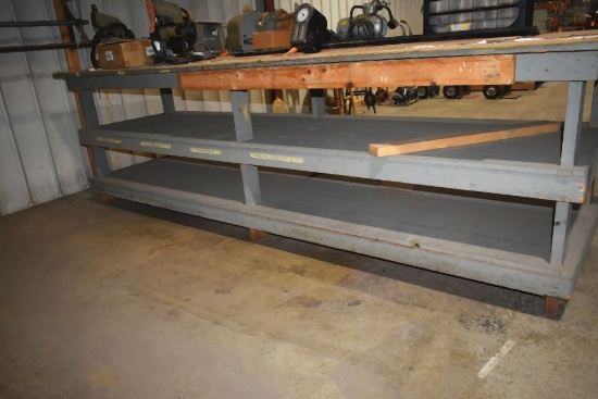 THREE TIER SHOP MADE WOODEN WORK TABLE, NO CONTENTS,