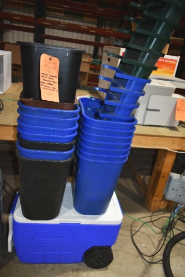 WHEELED COLEMAN COOLER (BLUE) AND ASSORTED PLASTIC