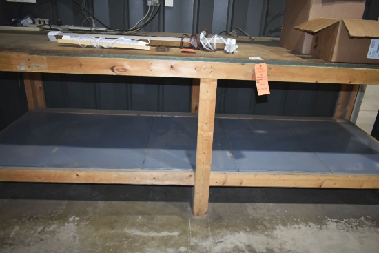 TWO SHELF SHOP MADE WOOD/METAL WORK TABLE,