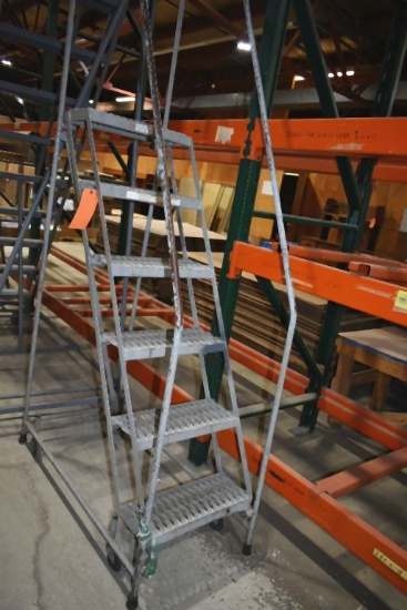 ROLLING SIX STEP WAREHOUSE LADDER, TOP STEP IS 5' HIGH,