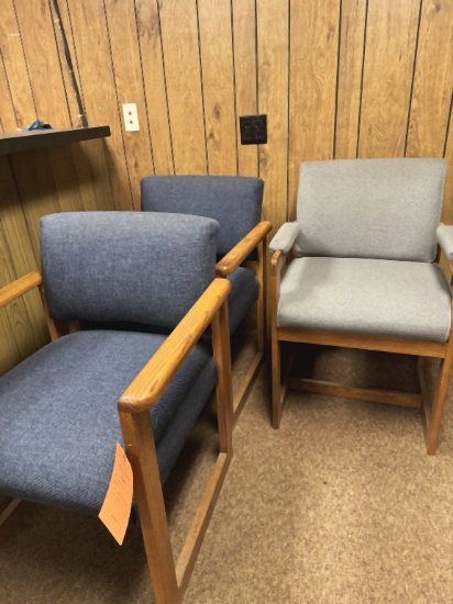 (3) WAITING ROOM CHAIRS, (2) MATCHING BLUE AND (1) GRAY