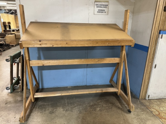 SHOP MADE WOODEN DRAFTING TABLE ON CASTERS, APPROX. 5'W X 29"
