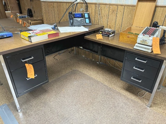 METAL TWO PIECE DESK WITH BROWN FORMICA TOP, FIVE