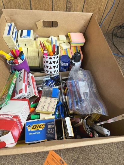 BOX WITH MISC. OFFICE SUPPLIES; POST IT NOTES, PENS,