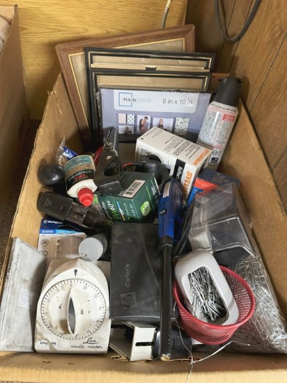 BOX WITH MISC. ITEMS,; FRAMES, BULBS, STAMPS, PAPER CLIPS