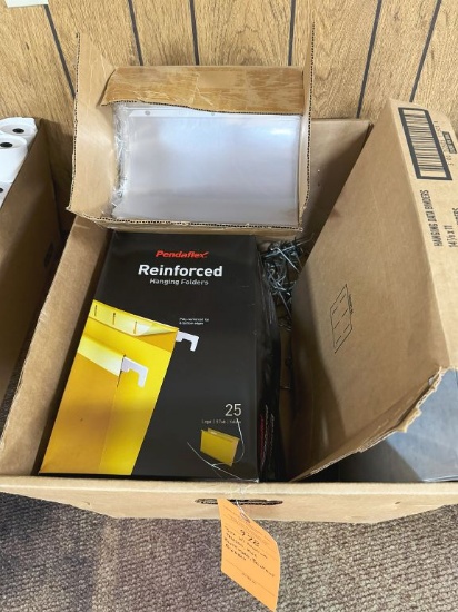 BOX WITH HANGING FOLDERS, PAGE PROTECTORS, PRINT OUT BINDERS