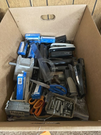 BOX WITH STAPLERS, SCISSORS, RULERS, STAPLES, ETC.