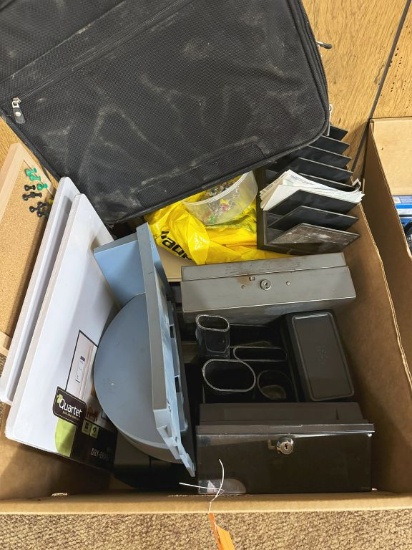 BOX WITH METAL CASH BOX, BULLETIN BOARDS,