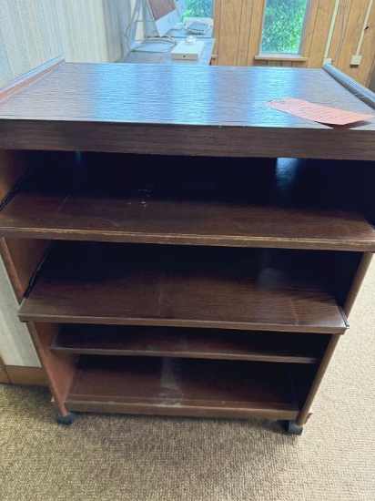 BROWN WOODGRAIN STAND WITH PULL-OUT SHELVES,