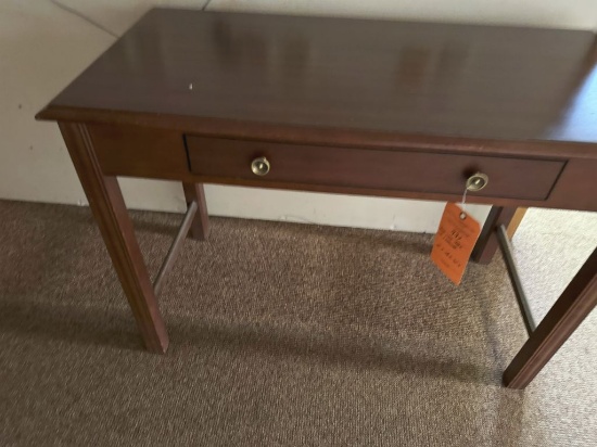 RED WOOD TABLE WITH ONE DRAWER, 21" x 42" x 30"T