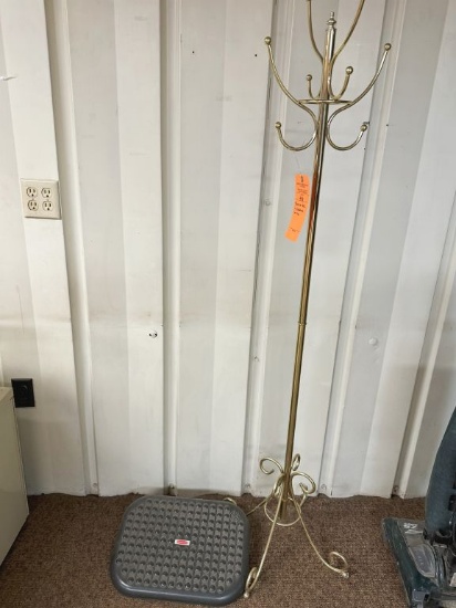 BRASS COAT RACK AND RUBBERMAID FOOT STOOL