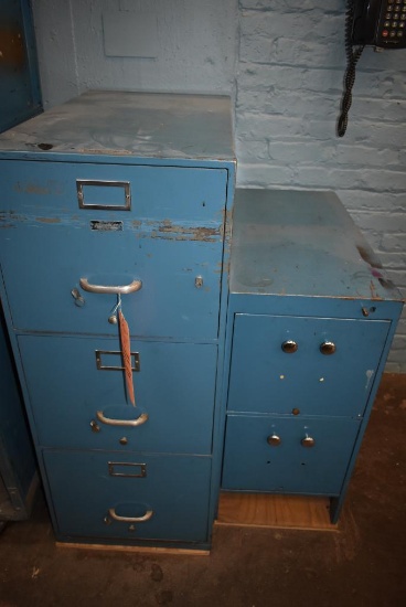 (2) BLUE METAL FIREPROOF CABINETS WITH LARGE ASSORTMENT OF PARTS INSIDE