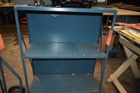 BLUE METAL SHELVING UNIT WITH THREE SHELVES, 15" x 36" x 43"H