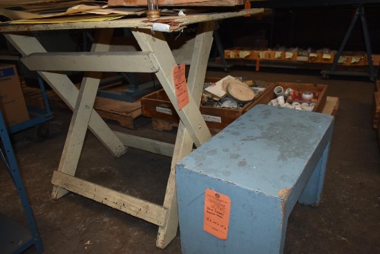 SHOP MADE WOOD TABLE AND STOOL, 42" x 29" x 34"H