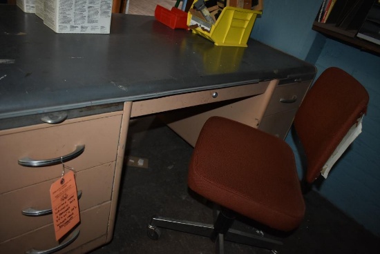 VINTAGE METAL INDUSTRIAL DESK WITH SIX DRAWERS, 32" x 60" x 29"H, INCLUDES CHAIR, NO CONTENTS