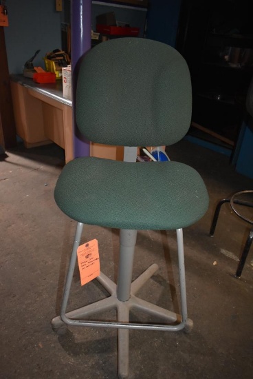 GREEN CLOTH STOOL, ADJUSTABLE, ON CASTERS