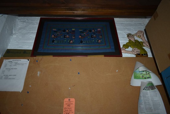 OFFICE ITEMS; FRAMED TOWEL, "BUGGING OUT" SIGN AND PLASTIC PAINTER SIGN