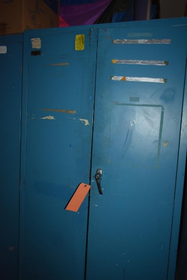 BLUE METAL CABINET WITH TWO DOORS, 18" x 37" x 72"H