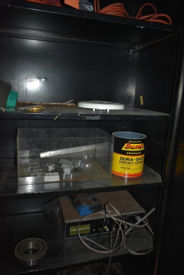 MISC. ITEMS IN THIS CABINET; ELECTRICAL CORD, STEREO 8 TRACK PLAYER, BATTERY CLOCK