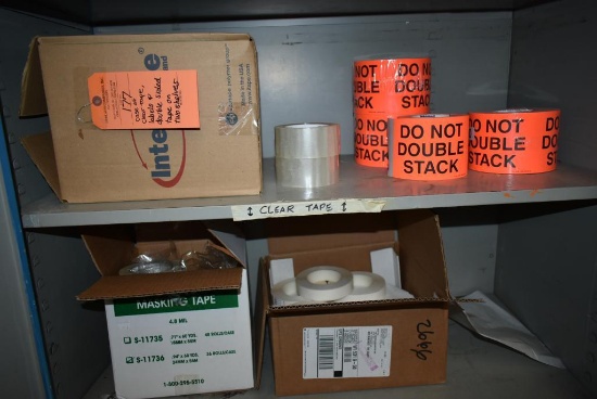 CASE OF CLEAR TAPE, LABELS AND DOUBLE SIDED TAPE ON THESE TWO SHELVES