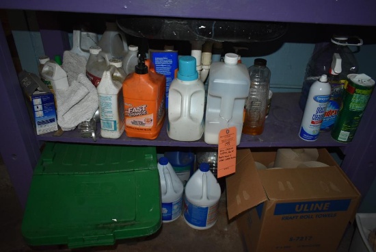 MISC. CLEANING SUPPLIES, BOX OF PAPER TOWEL AND GREEN WASTE BUCKET